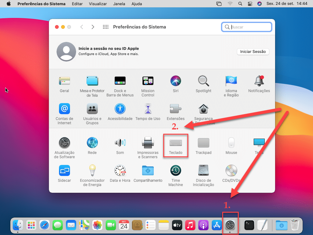 Tela mostrando onde clicar no Mac OS Big Sur para acessar as Preferências do Sistema e as configurações do teclado, a fim de definir uma tecla Command.