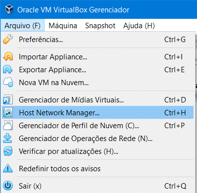 Imagem do VirtualBox, mostrando a seleção do Host Network Manager